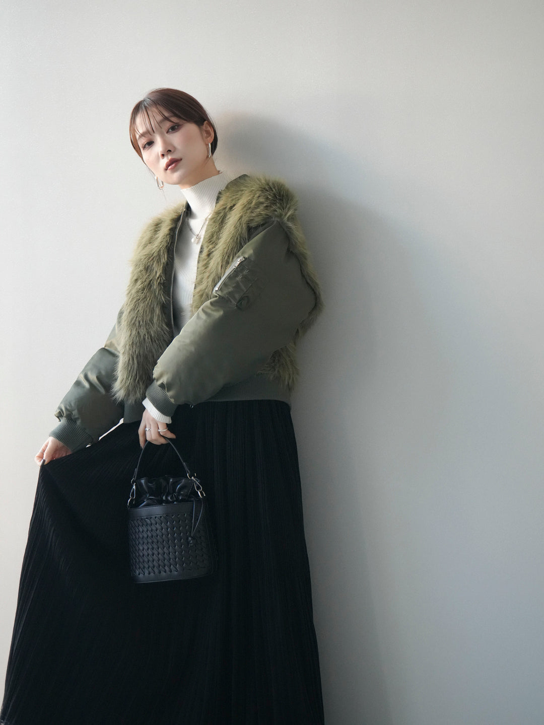 [SET]ファードッキングMA-1+裾レーススウェードプリーツマキシスカート(2set)