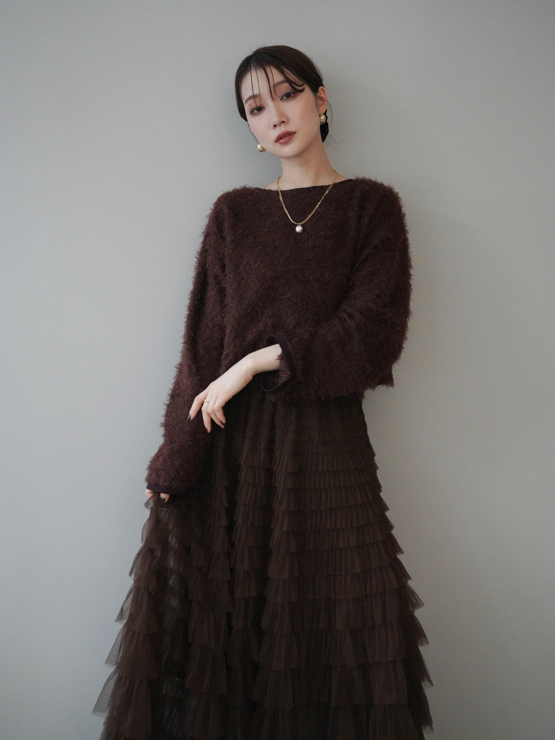 [予約]バイカラー2WAYシャギーニットカーディガン/brown