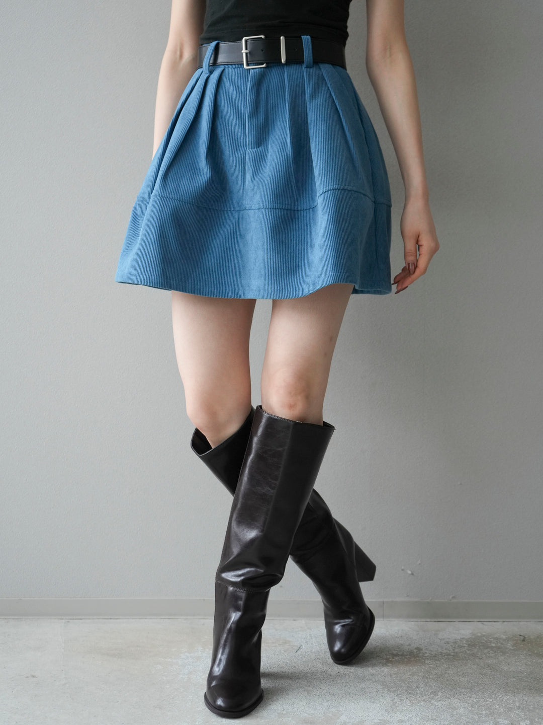 [予約]ベルト付インパンコーデュロイタックフレアスカート/blue