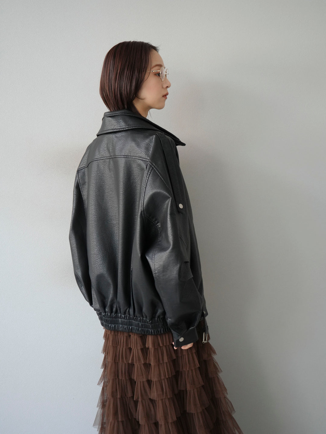 [予約]スタンドカラーフェイクレザーブルゾン/ブラック