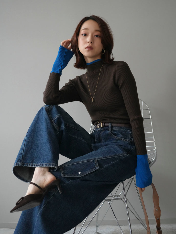 [予約]袖ボタンハイネック配色リブニットトップス/brown