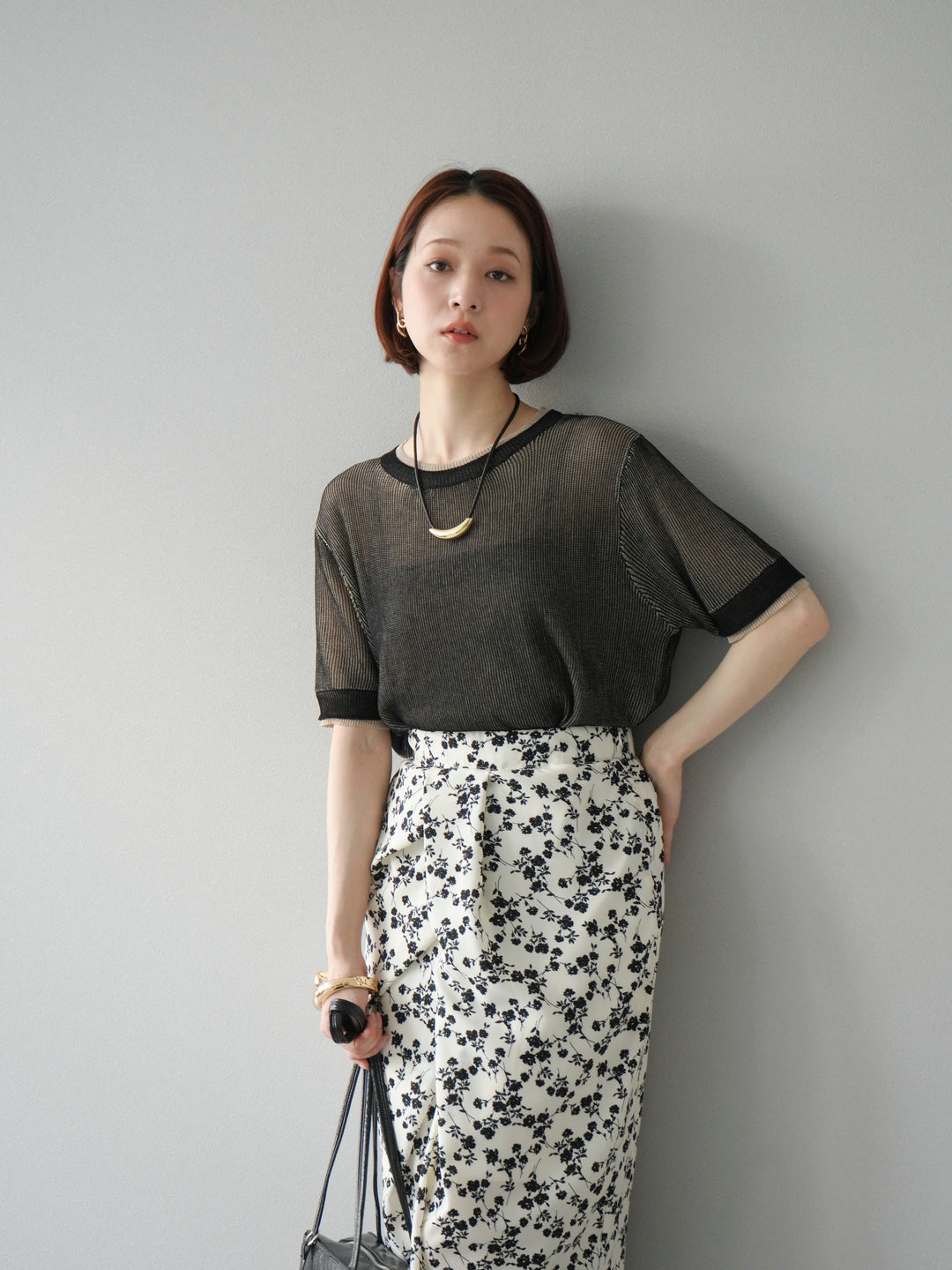 [SET]リネンタッチ配色二重臼ハーフニットトップス+選べるアソート柄スカートセット(2set)