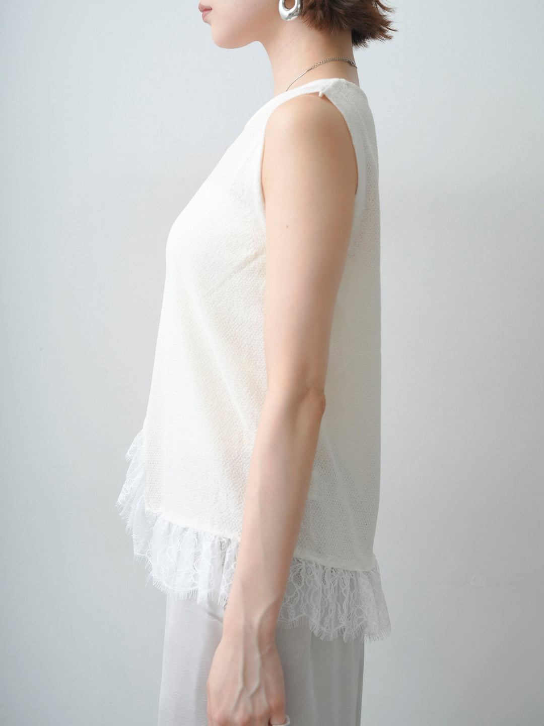 [予約]レースドッキングノースリニットトップス/ivory