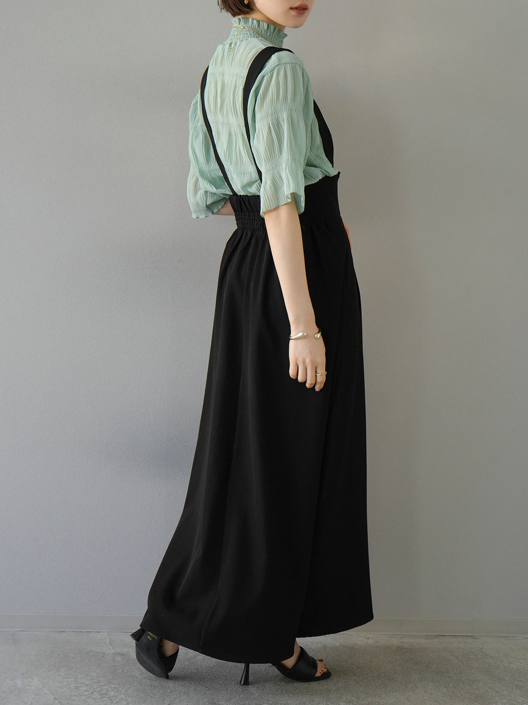 [SET] Shirring chiffon half sleeve blouse + 2WAY flare jumper skirt (2set)