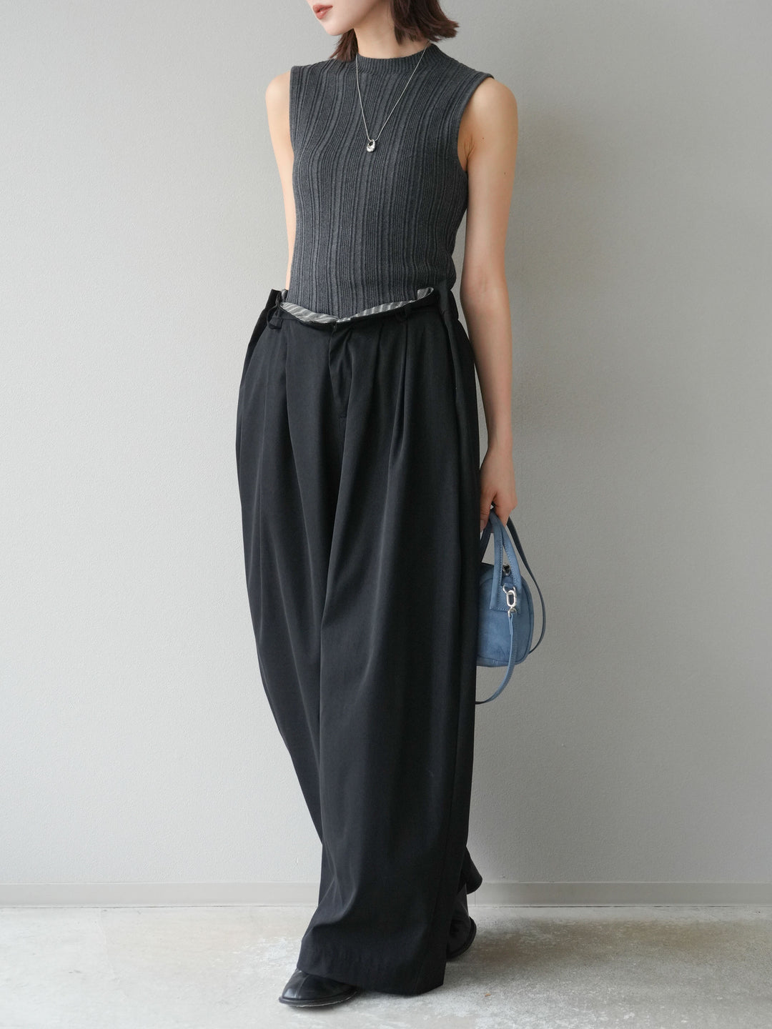 [予約]スリーブレスランダムリブニットトップス/グレー