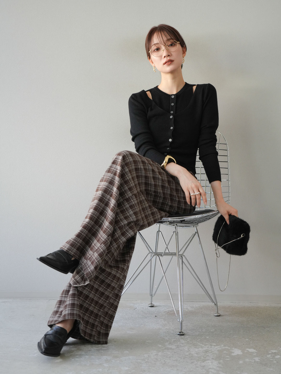 [予約]レイヤードデザインニットカーディガン/ブラック