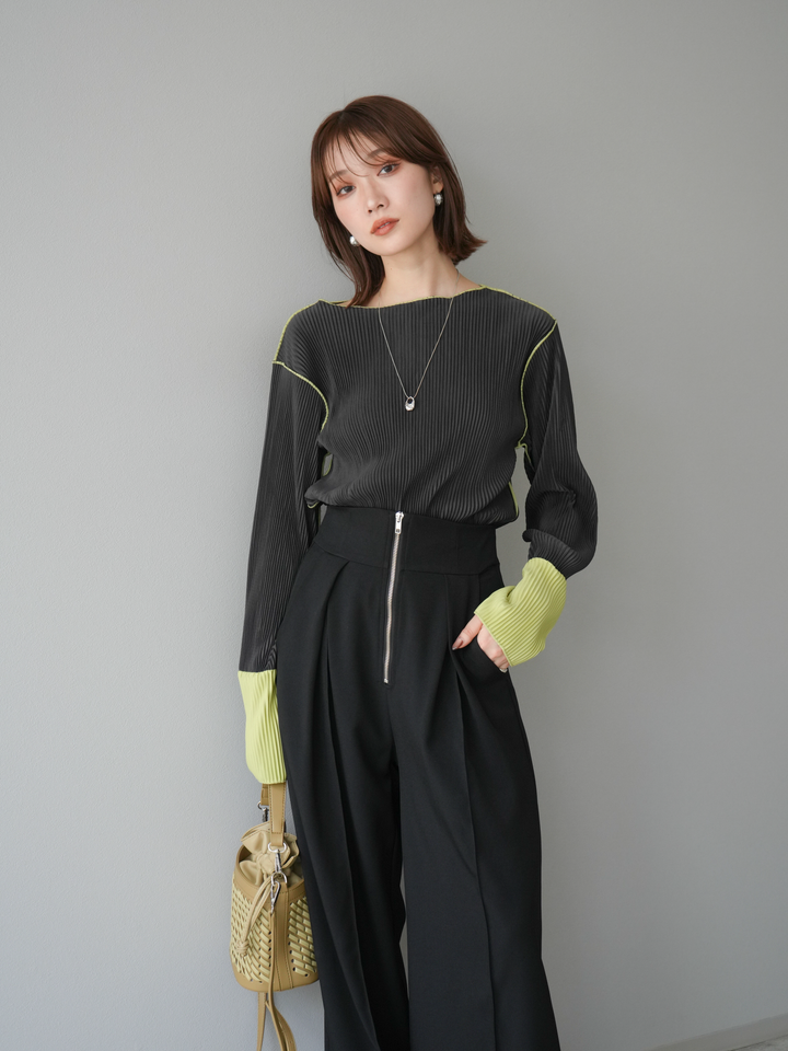 [予約]バイカラープリーツトップス/チャコール