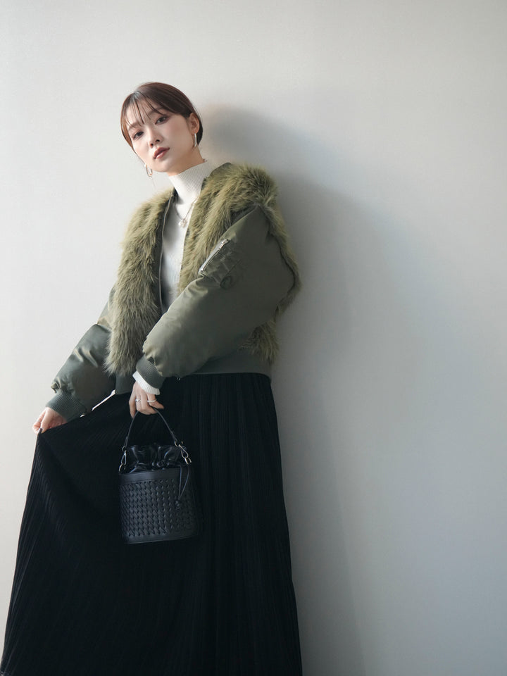 [SET]ファードッキングMA-1+袖ボタンボトルネックリブニットトップス(2set)