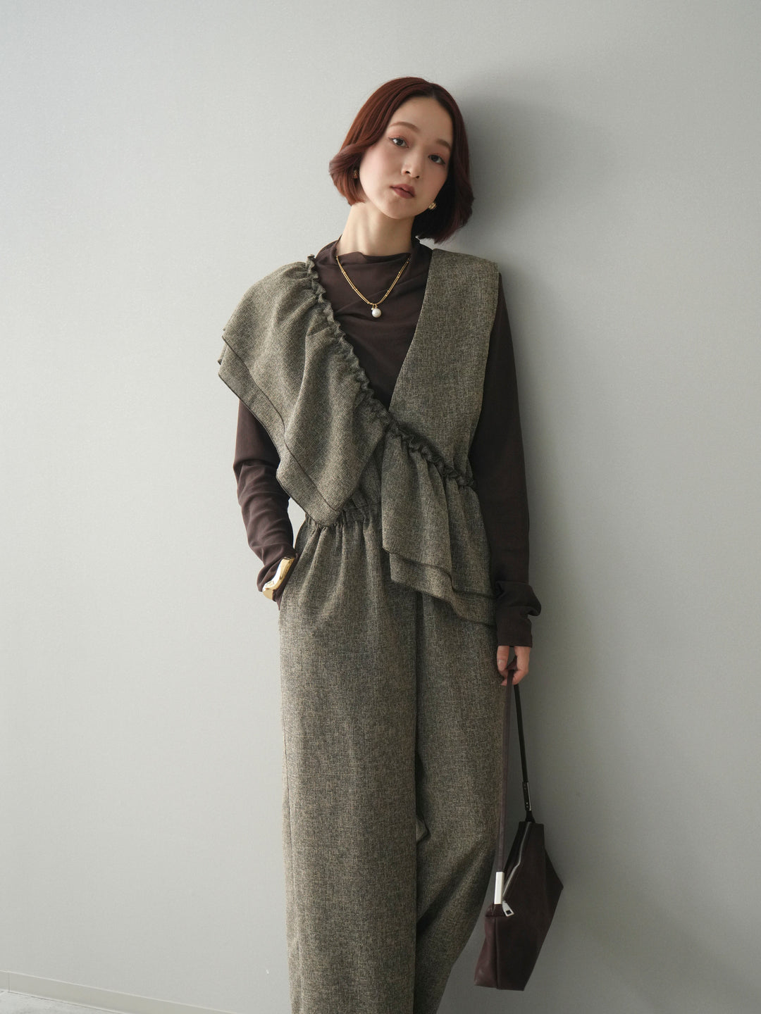 [SET]3WAYミックスツイードギャザーオールインワン+シアープチネックストレッチトップス(2set)