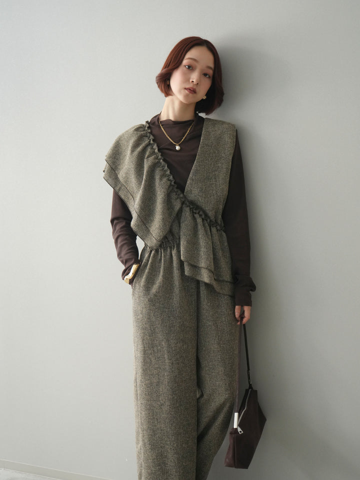 [SET]3WAYミックスツイードギャザーオールインワン+シアープチネックストレッチトップス(2set)