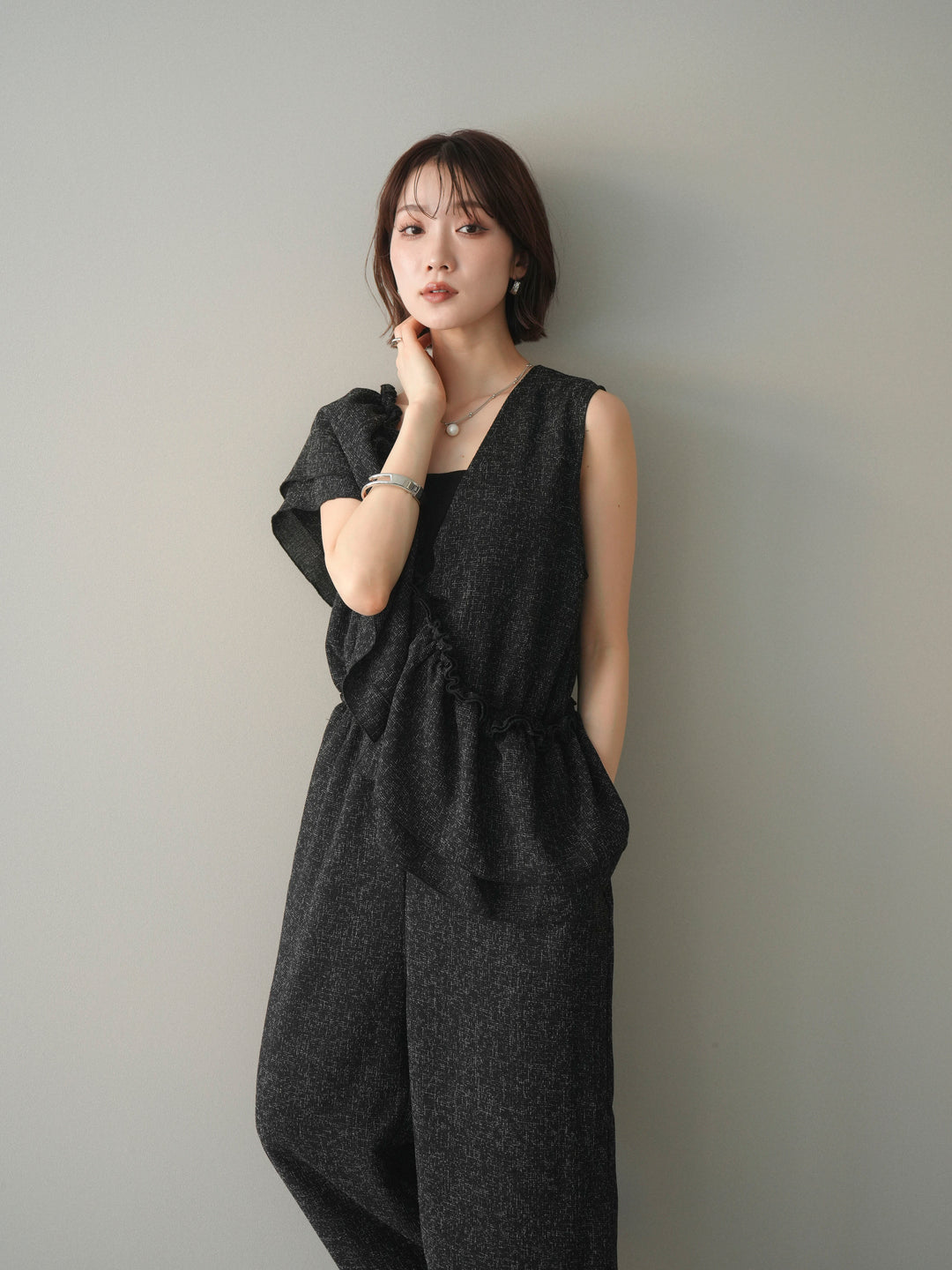 [SET]3WAYミックスツイードギャザーオールインワン+選べるアクセセット(2set)