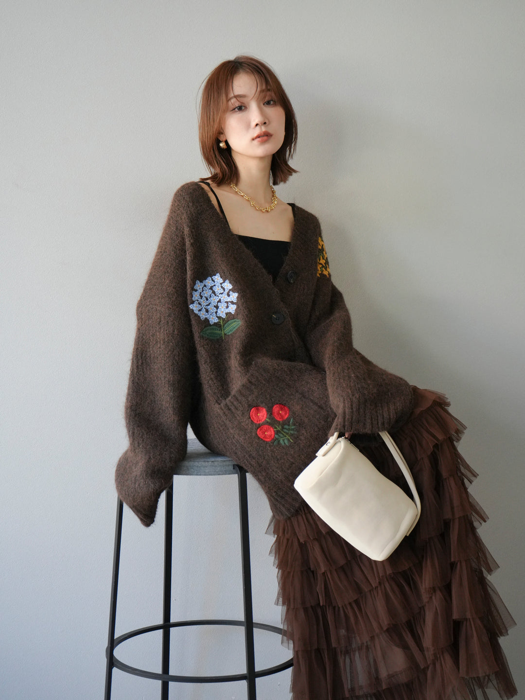 [予約]フラワー刺繍Vネックオーバーニットカーディガン/ブラウン