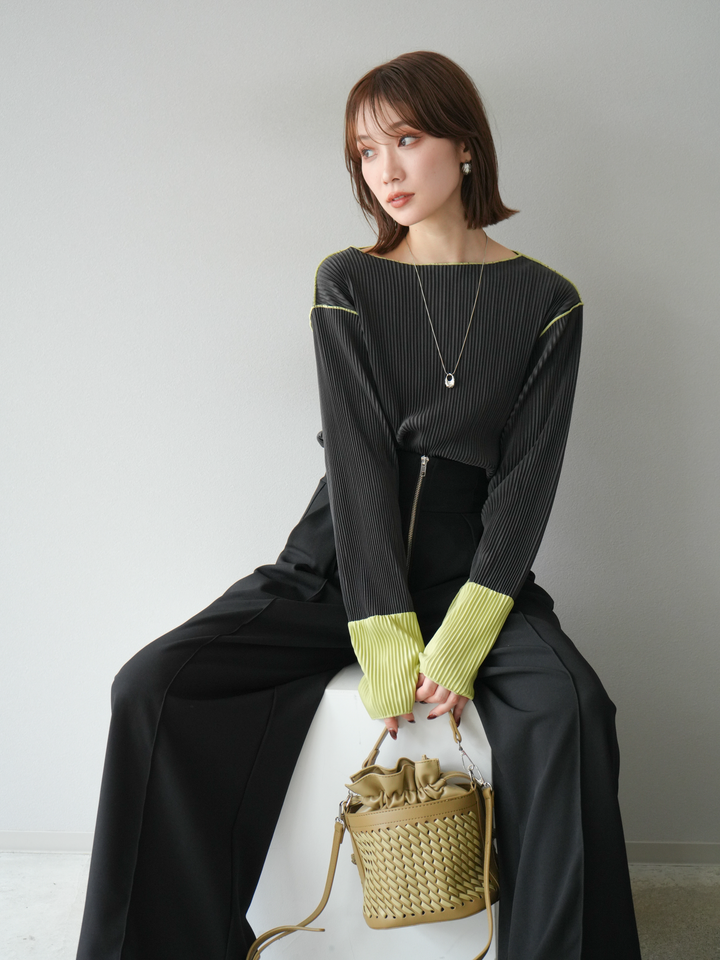 [予約]バイカラープリーツトップス/チャコール