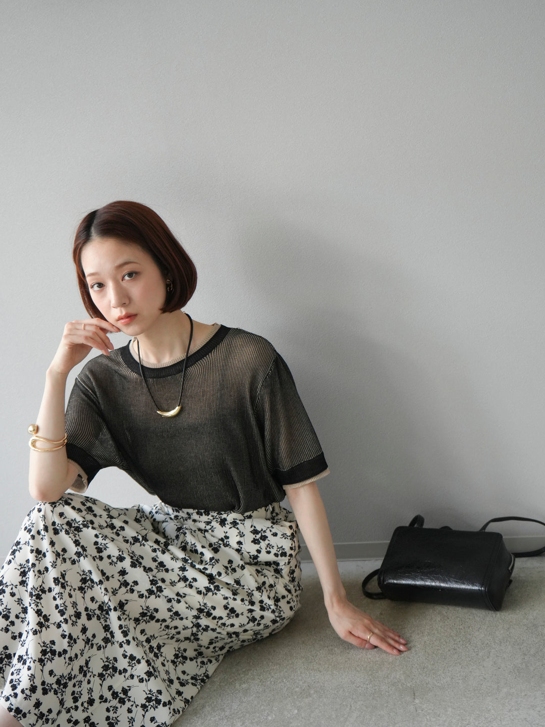 [SET]リネンタッチ配色二重臼ハーフニットトップス+選べるアソート柄スカートセット(2set)