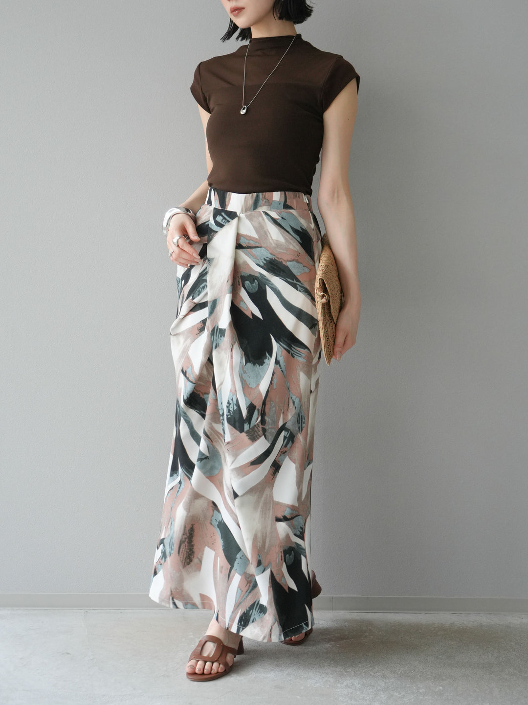 [預購] 度假風印花褶襉I字裙/綠色