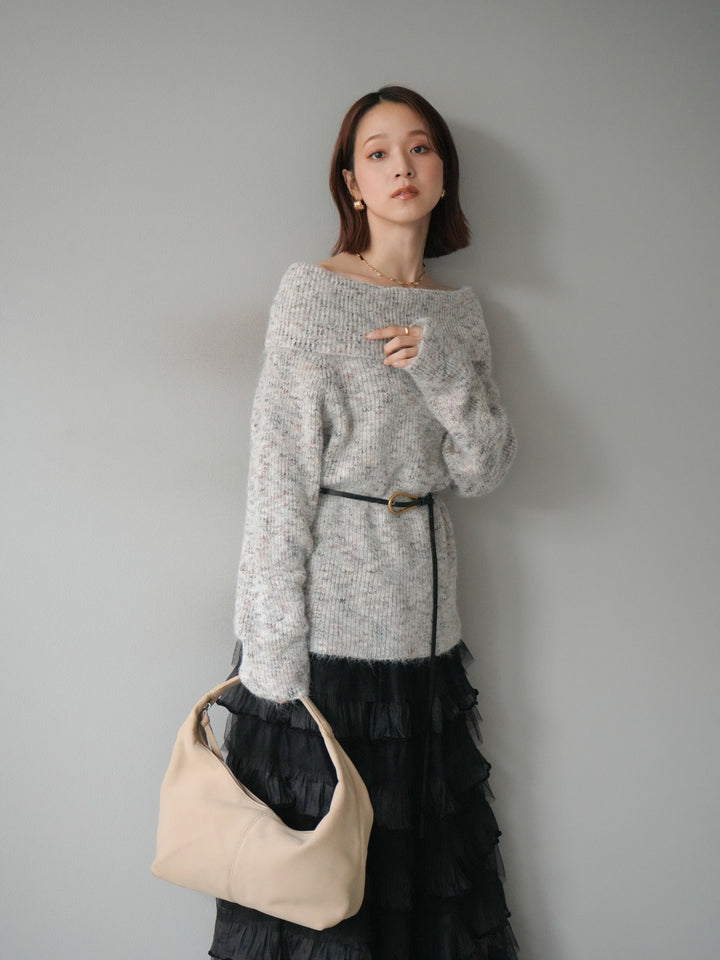 [予約]ミックスヤーンオフショルルーズニットプルオーバー/ベージュ