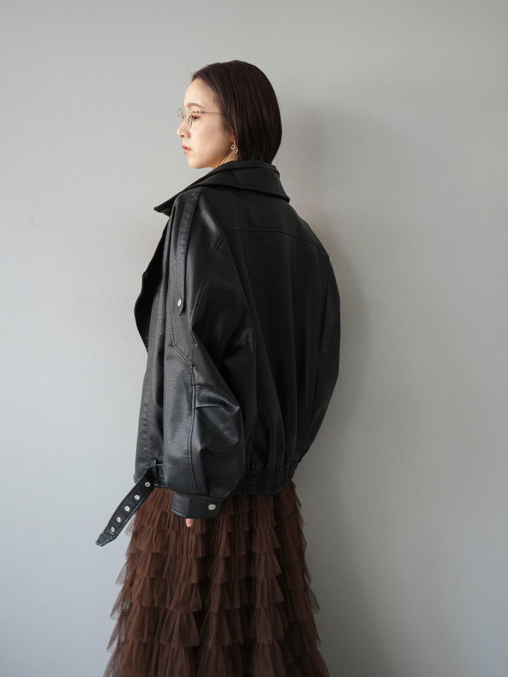 [予約]スタンドカラーフェイクレザーブルゾン/ブラック