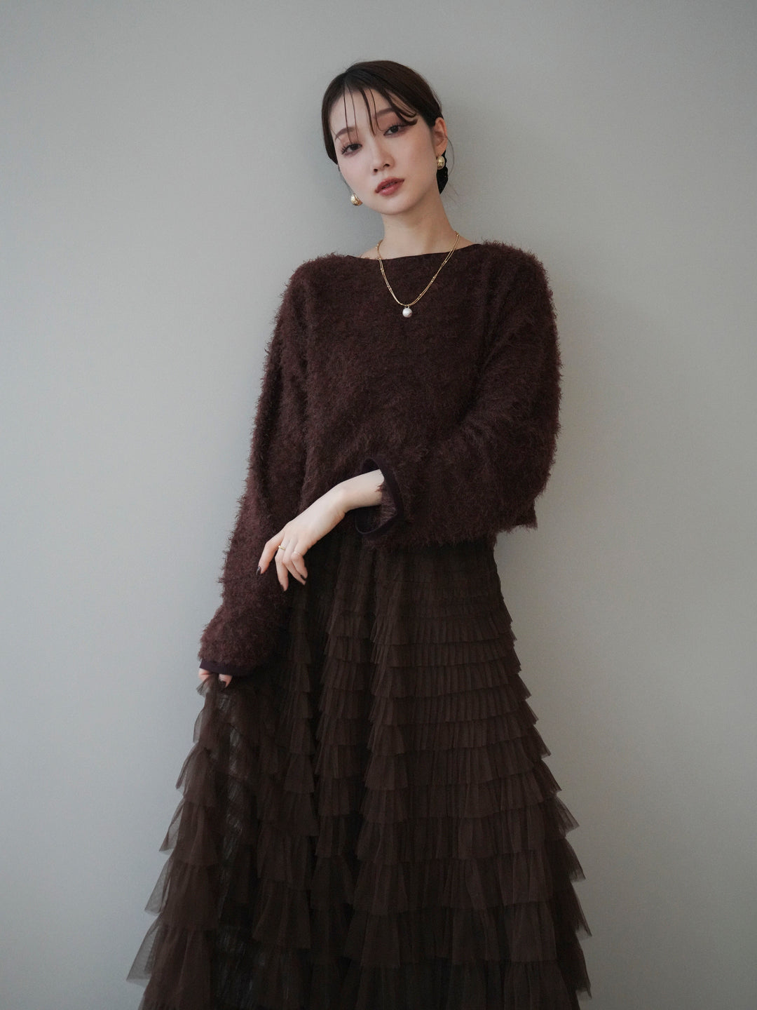 [予約]バイカラー2WAYシャギーニットカーディガン/brown