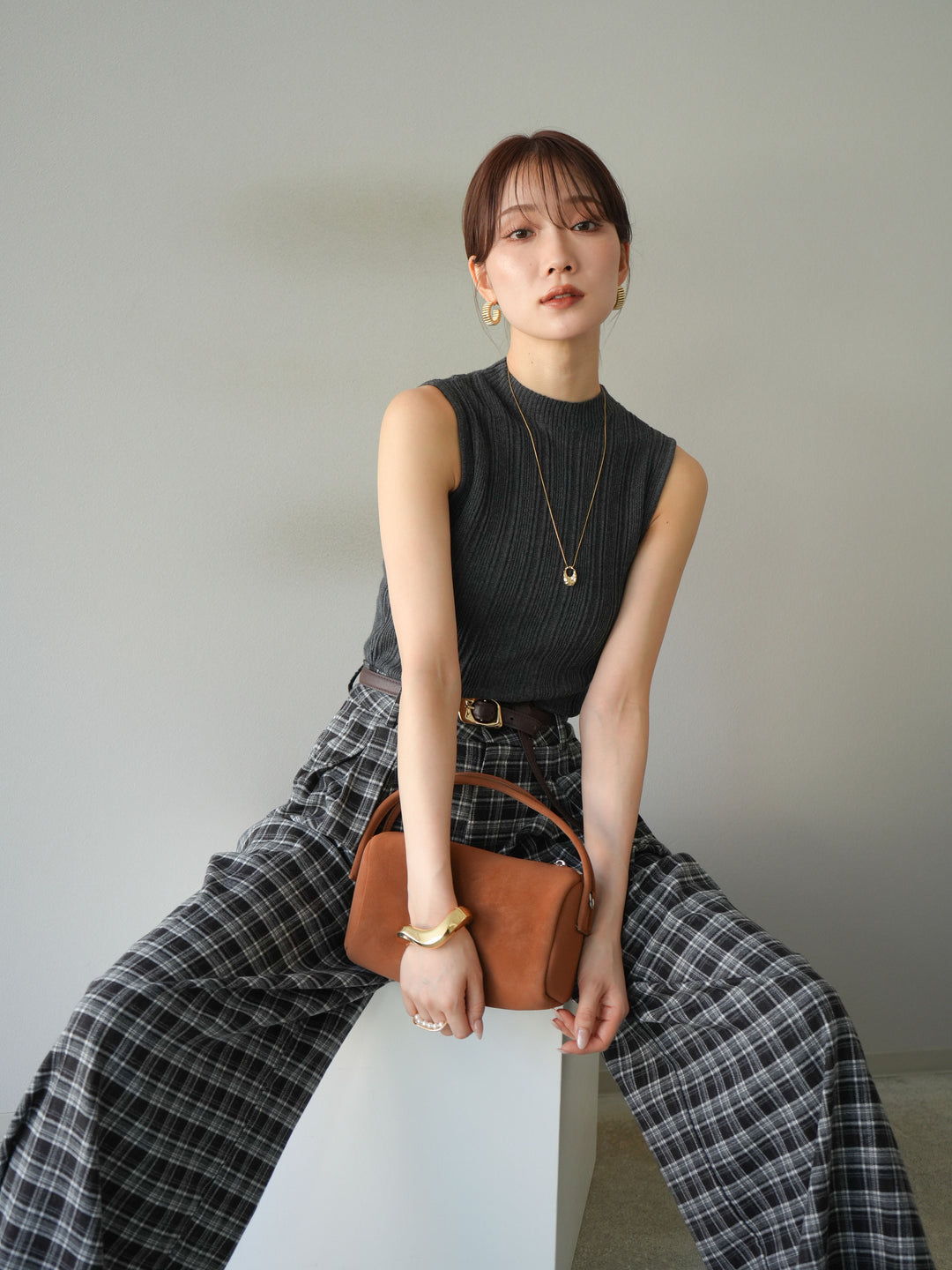 [予約]スリーブレスランダムリブニットトップス/グレー