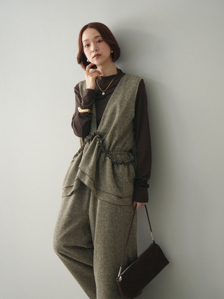 [SET]3WAYミックスツイードギャザーオールインワン+シアープチネックストレッチトップス(2set)