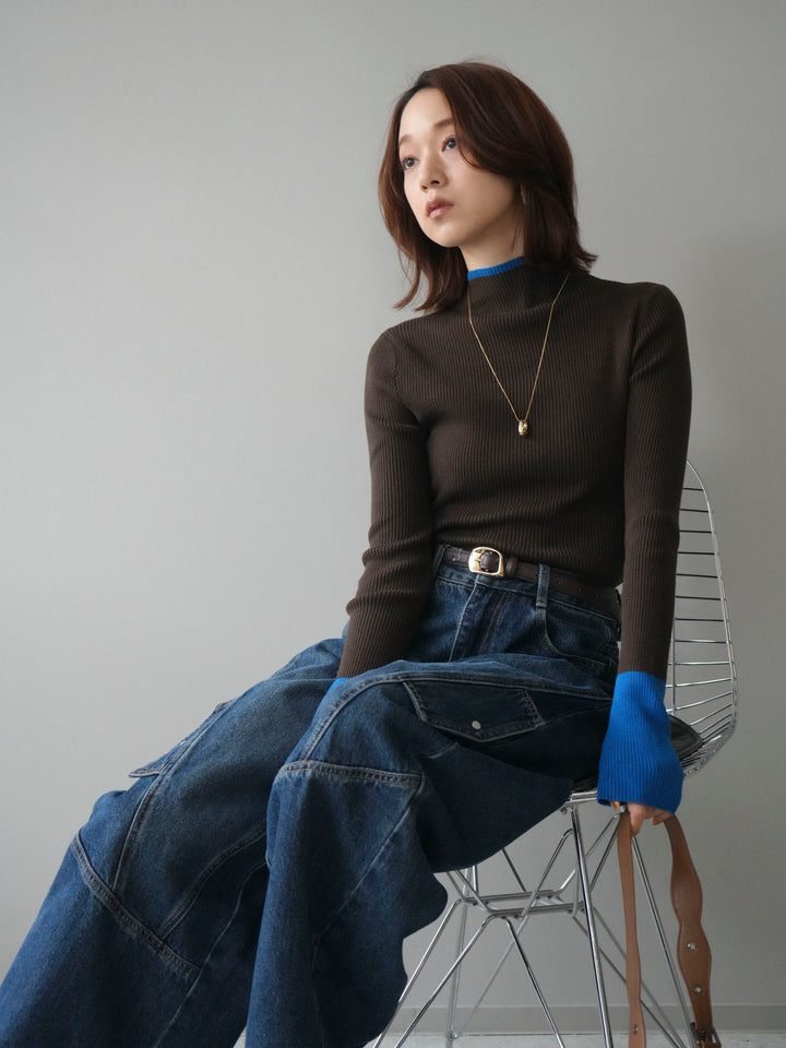 [予約]袖ボタンハイネック配色リブニットトップス/brown