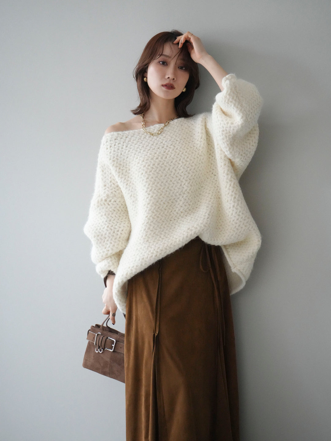 [予約]ワッフル編みオーバーニットプルオーバー/off