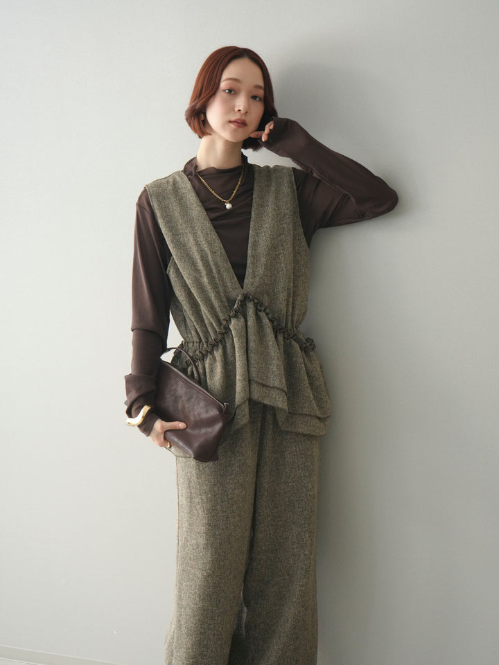 [SET]3WAYミックスツイードギャザーオールインワン+シアープチネックストレッチトップス(2set)