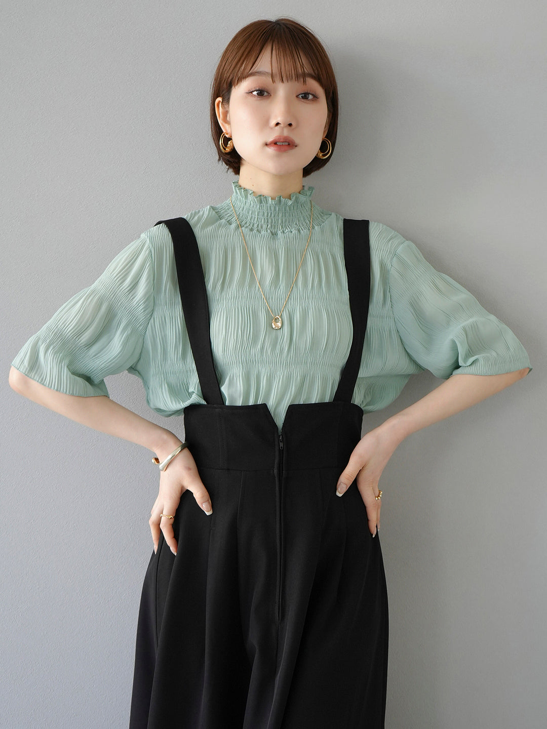 [SET] Shirring chiffon half sleeve blouse + 2WAY flare jumper skirt (2set)