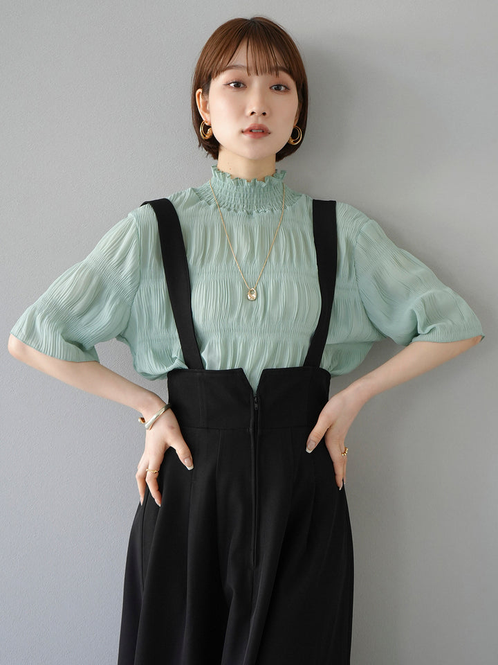 [SET] Shirring chiffon half sleeve blouse + 2WAY flare jumper skirt (2set)