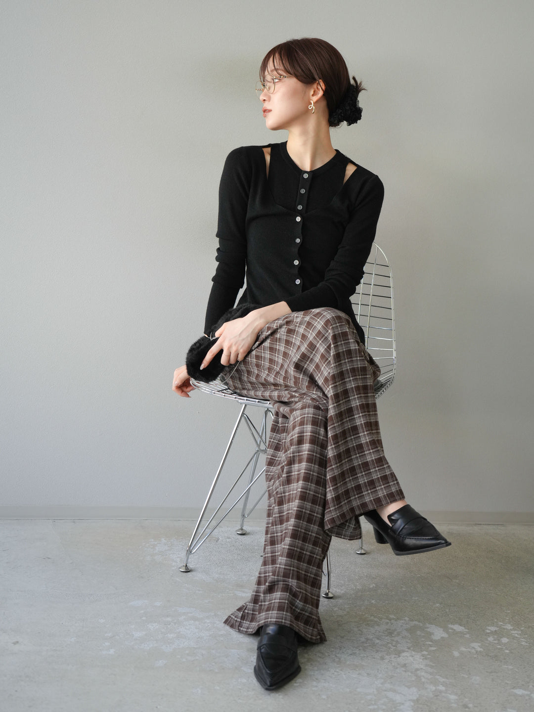 [予約]レイヤードデザインニットカーディガン/ブラック