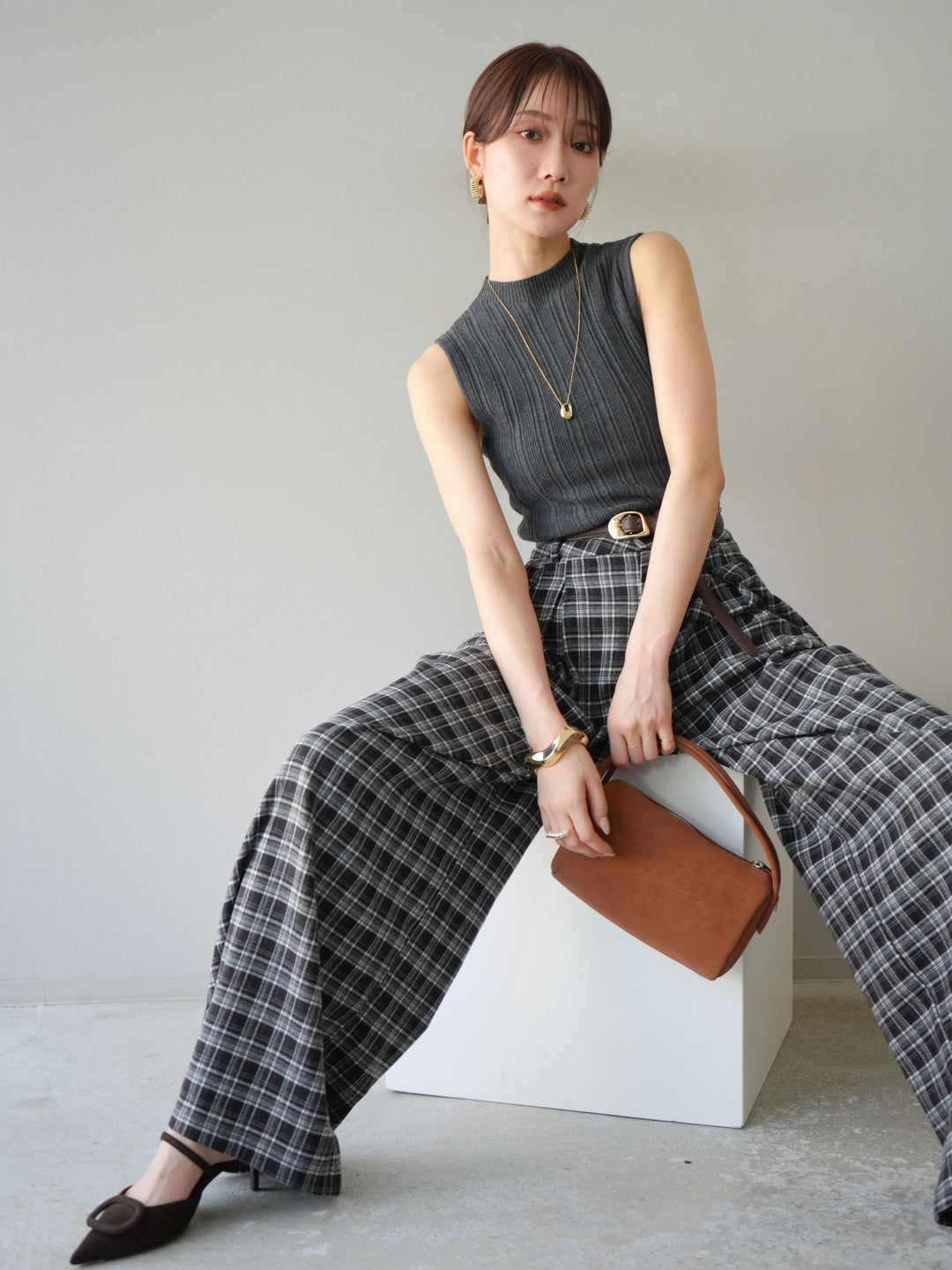 [予約]スリーブレスランダムリブニットトップス/グレー