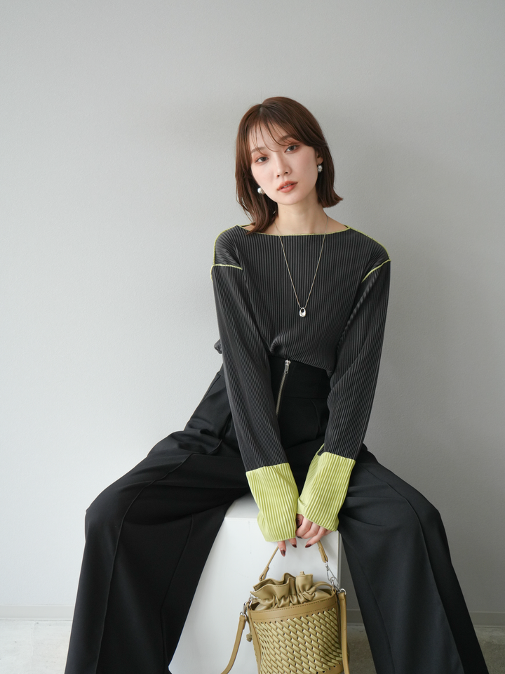 [予約]バイカラープリーツトップス/チャコール