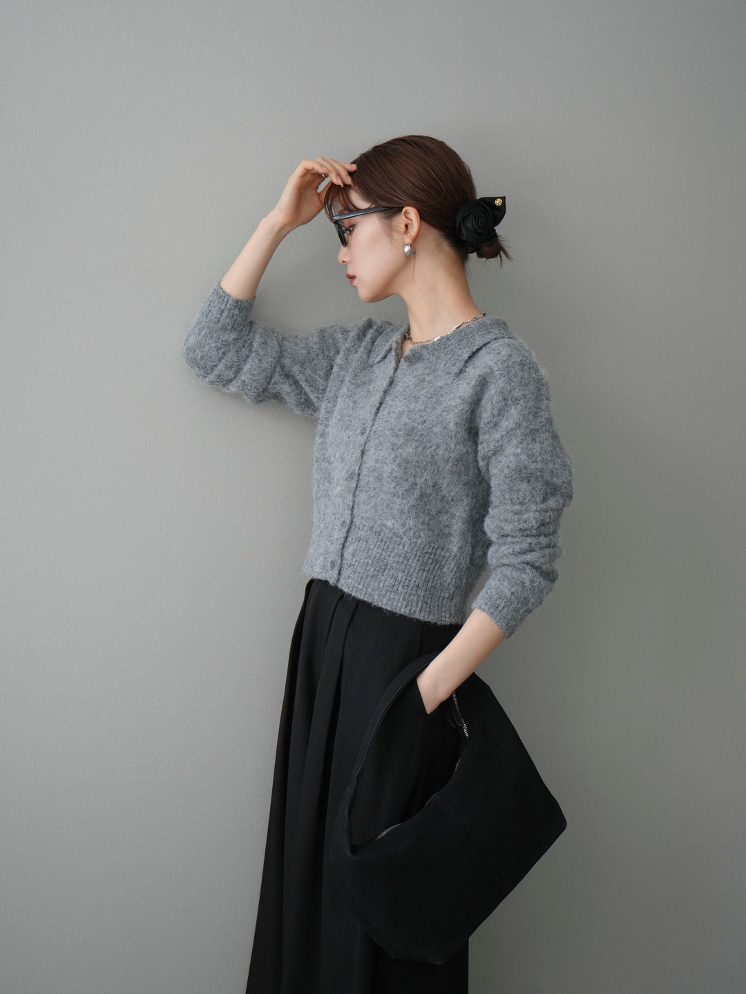 [SET]モヘア衿付きボタンプルオーバー+テープベルトタックバギーパンツ(2set)