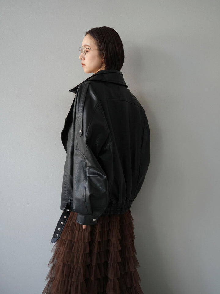 [予約]スタンドカラーフェイクレザーブルゾン/ブラック