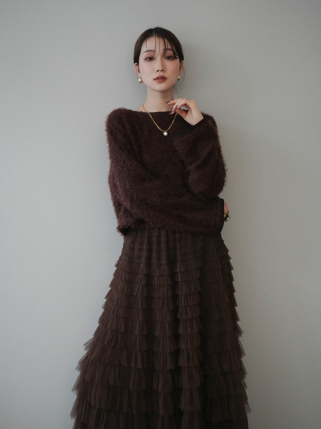 [予約]バイカラー2WAYシャギーニットカーディガン/brown