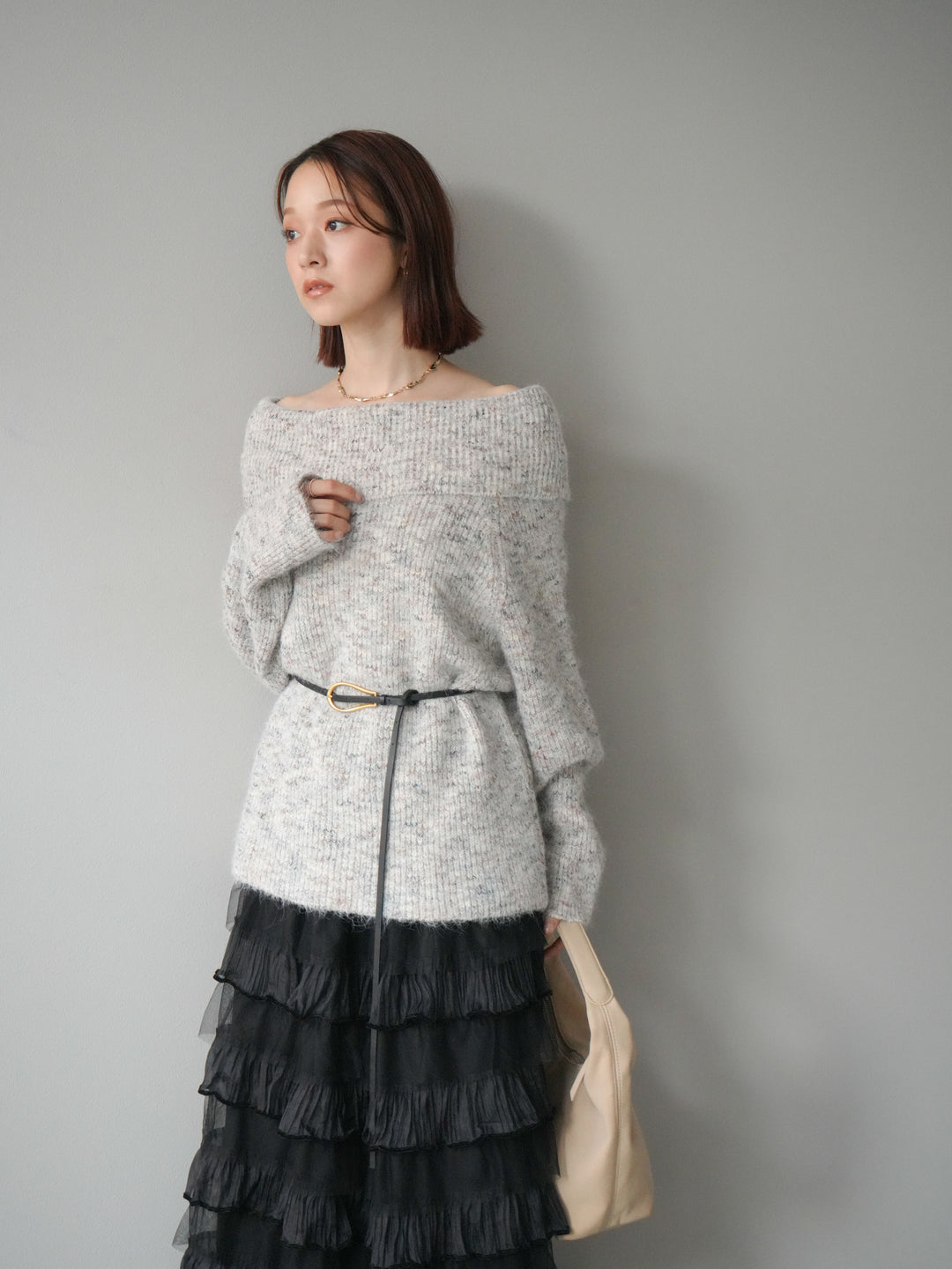 [予約]ミックスヤーンオフショルルーズニットプルオーバー/ベージュ