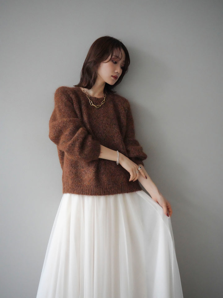 [SET]ロゴラベルミックスヤーンニットプルオーバー+チュールボリュームスカート(2set)