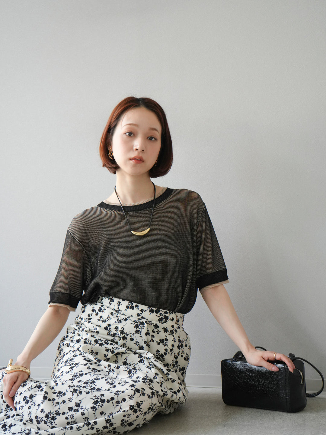 [SET]リネンタッチ配色二重臼ハーフニットトップス+選べるアソート柄スカートセット(2set)