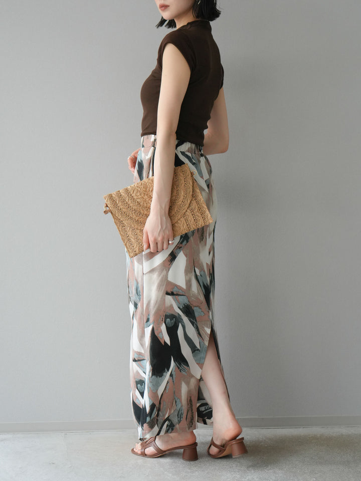 [預購] 度假風印花褶襉I字裙/綠色