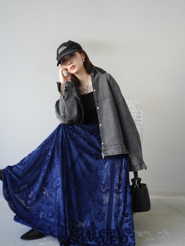 [予約]スウェード襟切替デニムブルゾン/ブラック