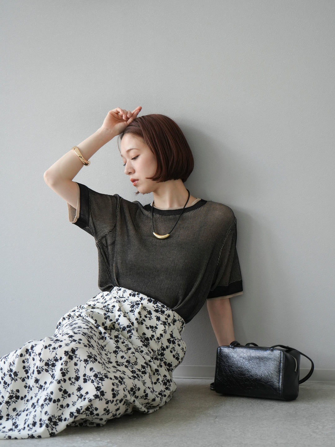 [SET]リネンタッチ配色二重臼ハーフニットトップス+選べるアソート柄スカートセット(2set)