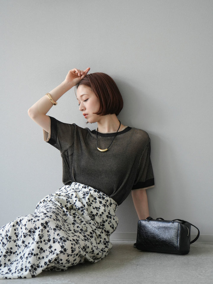 [SET]リネンタッチ配色二重臼ハーフニットトップス+選べるアソート柄スカートセット(2set)