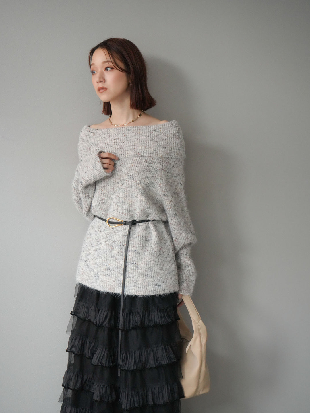 [予約]ミックスヤーンオフショルルーズニットプルオーバー/ベージュ