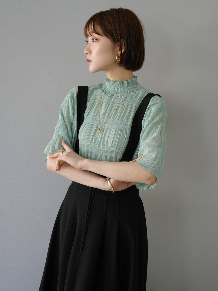 [SET] Shirring chiffon half sleeve blouse + 2WAY flare jumper skirt (2set)