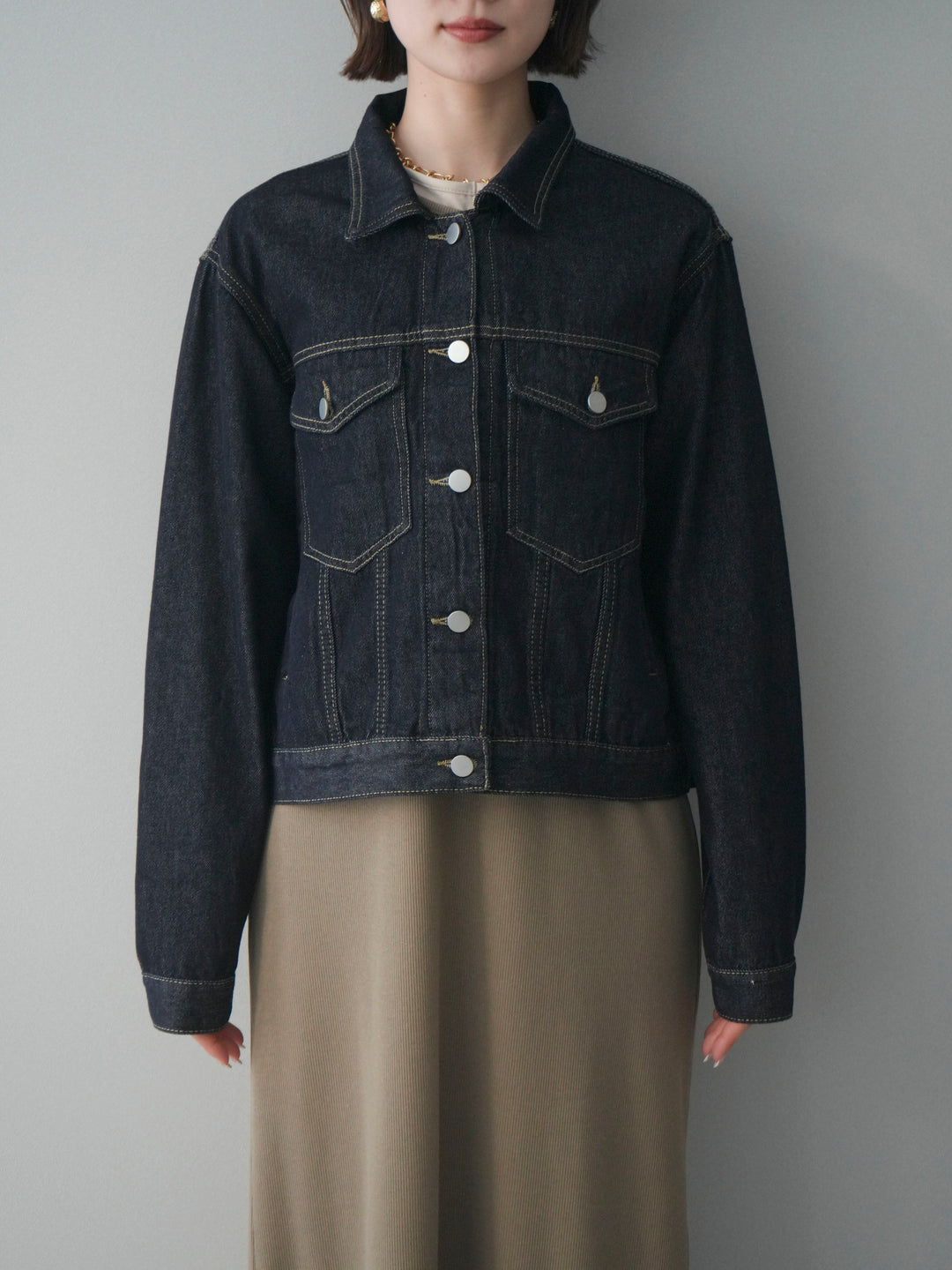 [予約]配色ステッチデニムジャケット/darkblue