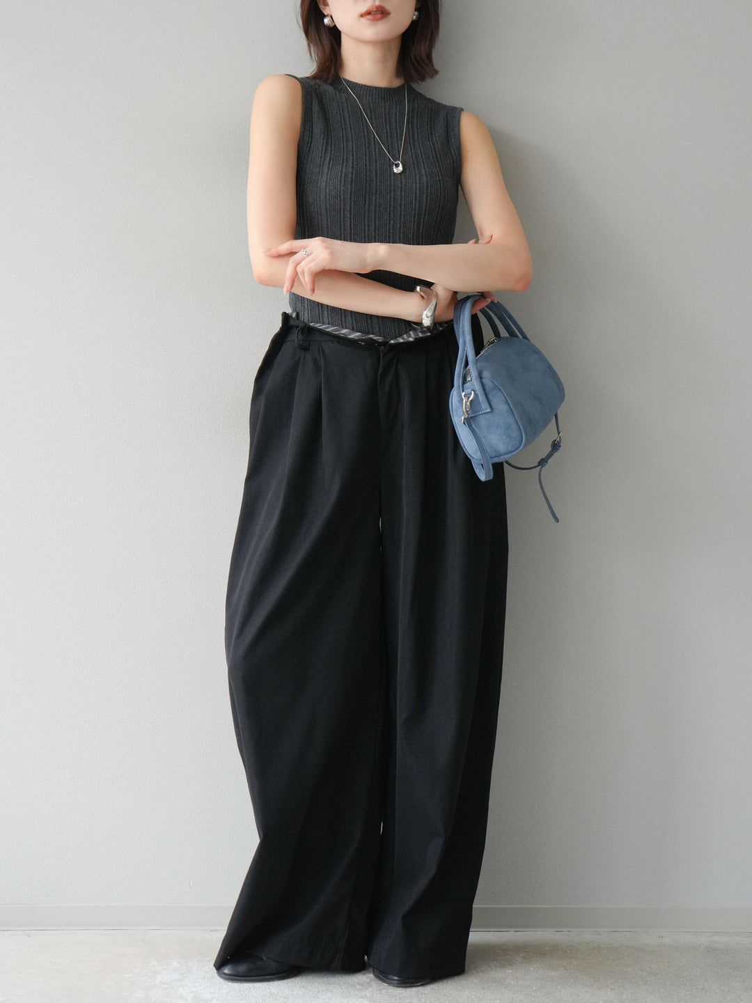 [予約]スリーブレスランダムリブニットトップス/グレー