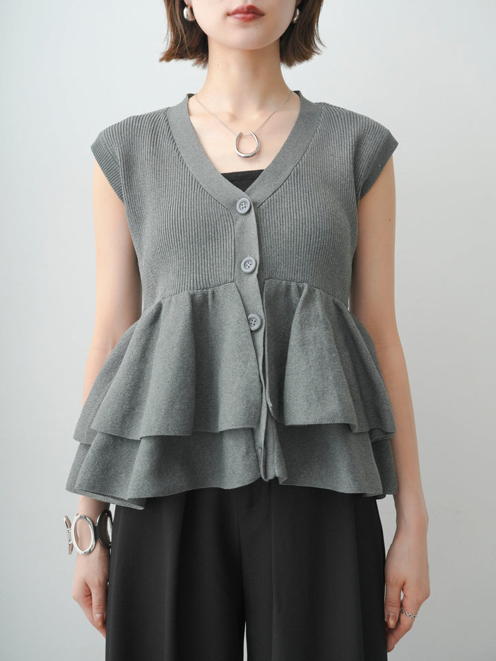 [予約]ダブルフリルペプラムノースリニットトップス/gray