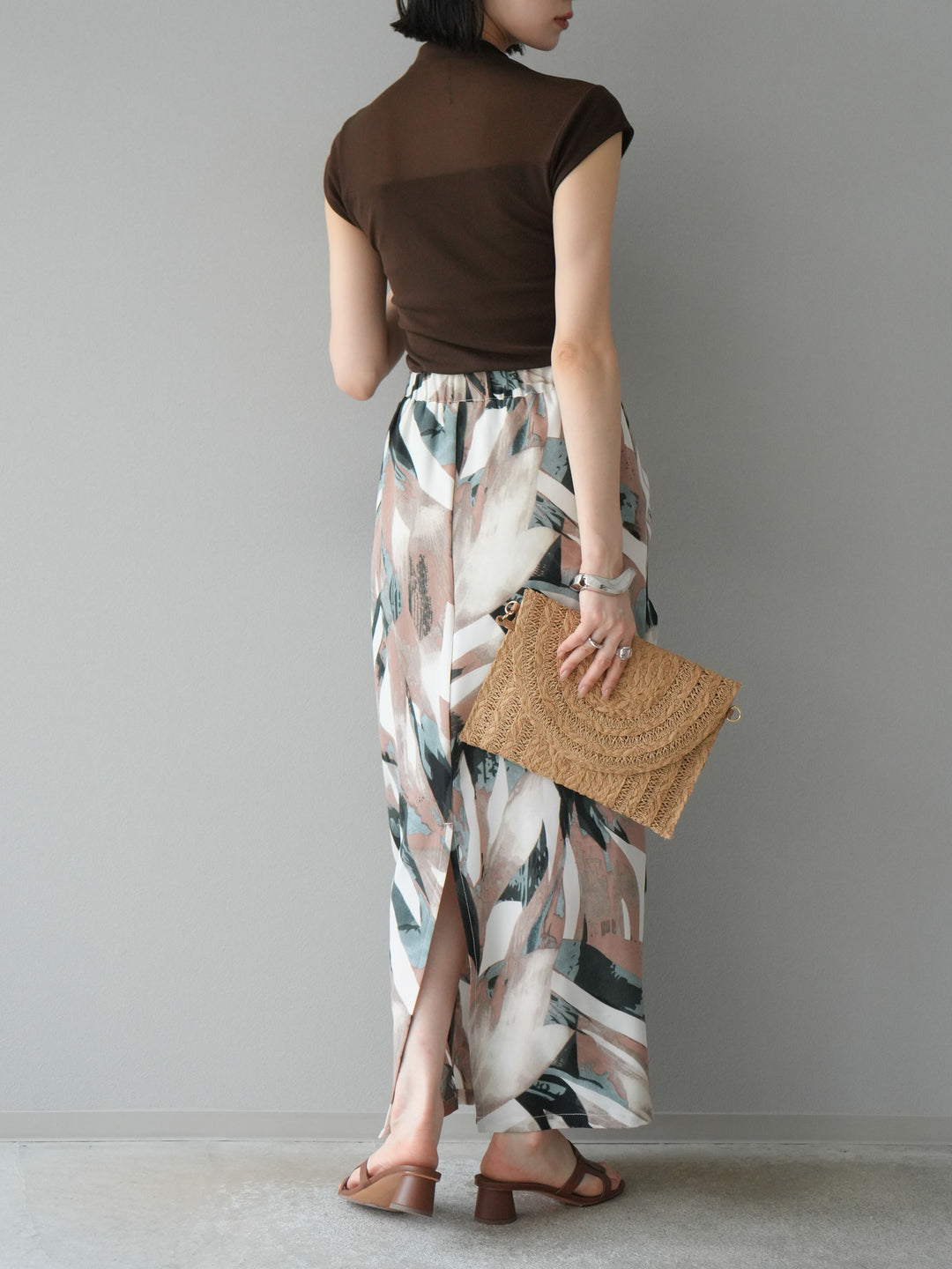 [預購] 度假風印花褶襉I字裙/綠色