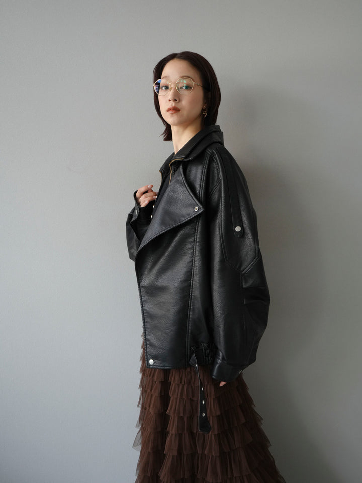 [予約]スタンドカラーフェイクレザーブルゾン/ブラック