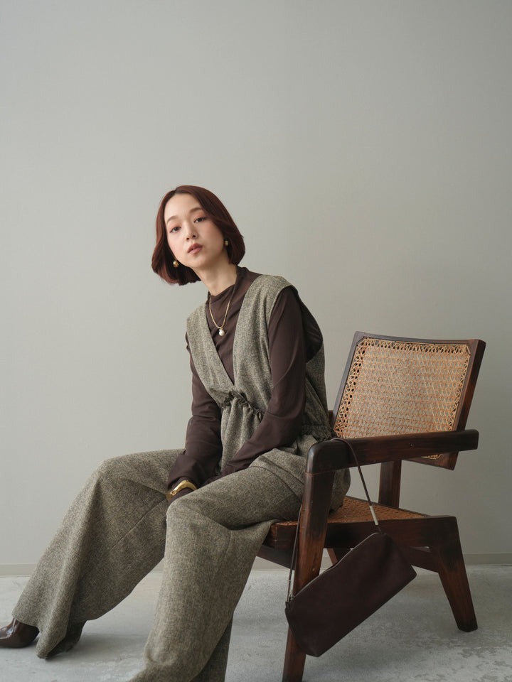 [SET]3WAYミックスツイードギャザーオールインワン+シアープチネックストレッチトップス(2set)